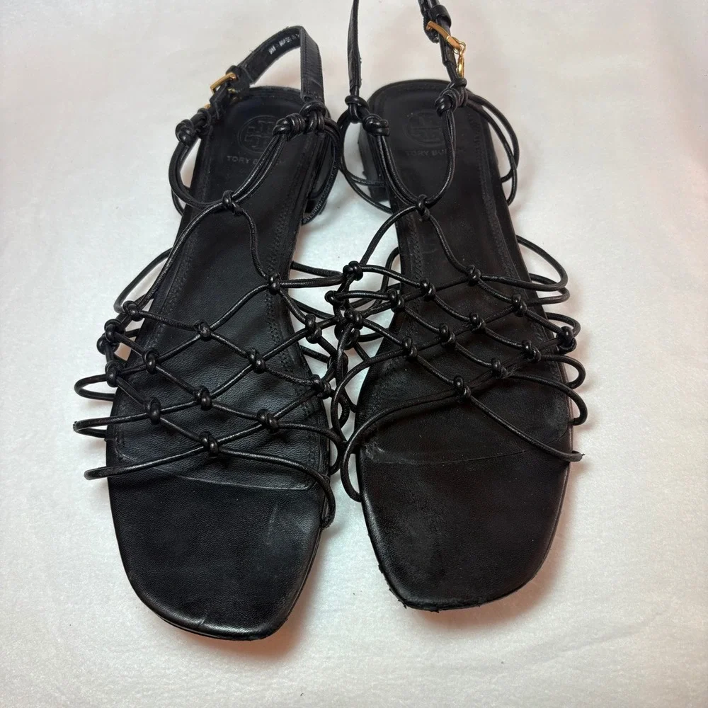 Tory Burch Barely There Knotted Sandals Gold Logo Charm Size 9